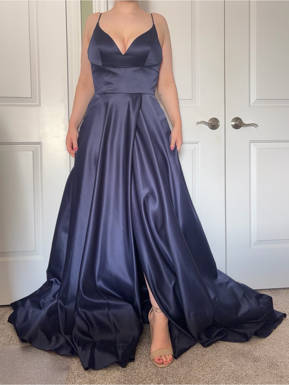 J’adore Evening Navy Satin A-Line Evening Dress with V-Neck